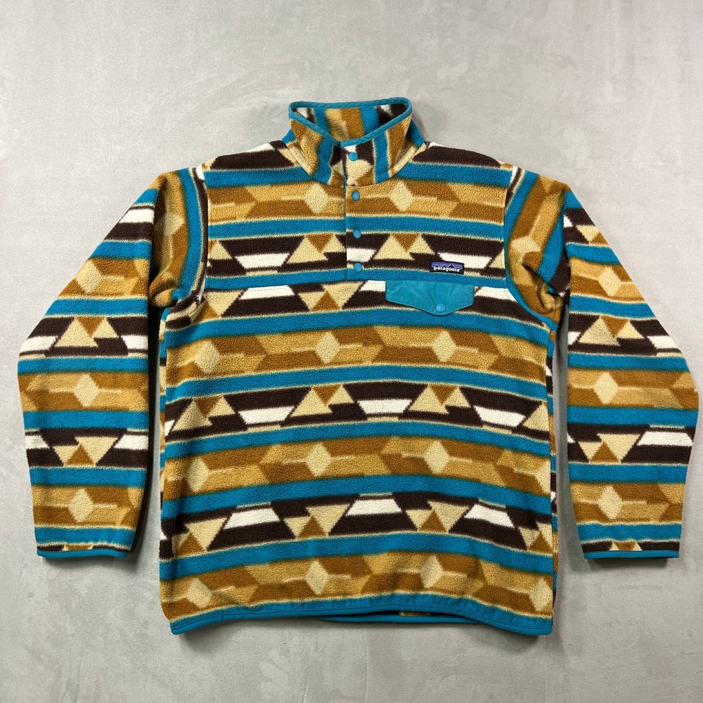 Patagonia Synchilla Snap T Pullover Womens S Blue Brown Aztec Fleece Pullover